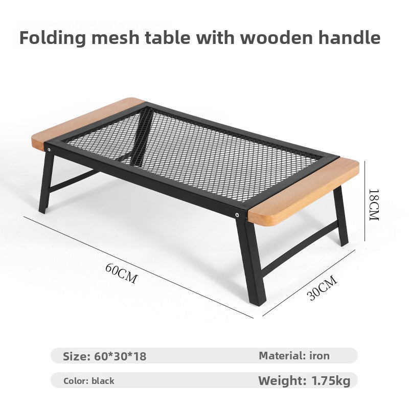 Outdoor Camping Folding Table Portable Solid Wood Egg Roll Iron Mesh Picnic Table and Chair Set Simple Anti-scald Mesh Table