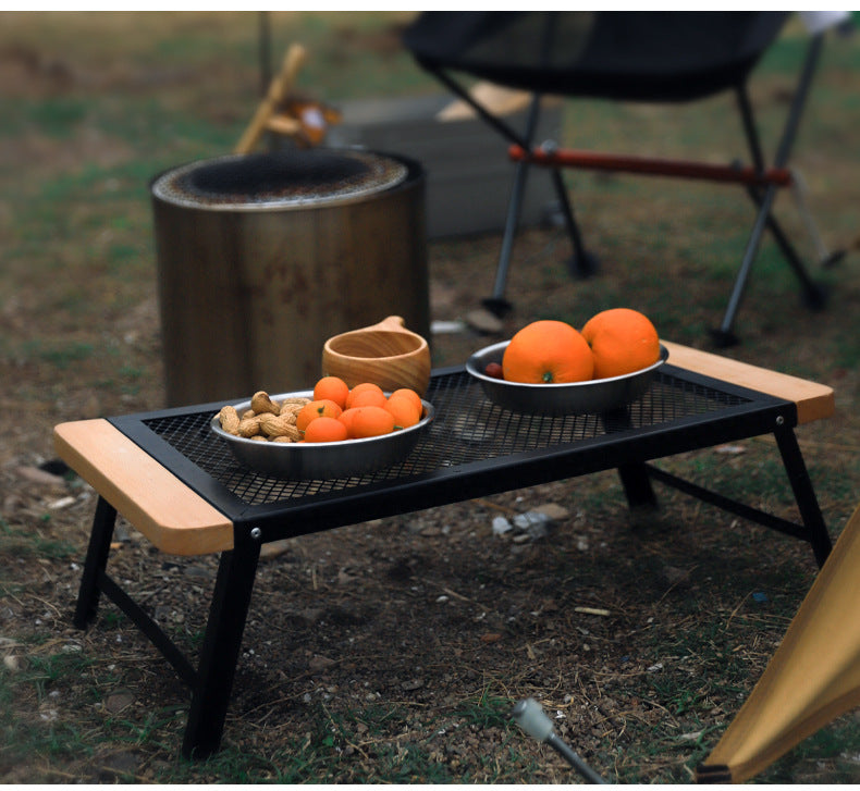 Outdoor Camping Folding Table Portable Solid Wood Egg Roll Iron Mesh Picnic Table and Chair Set Simple Anti-scald Mesh Table