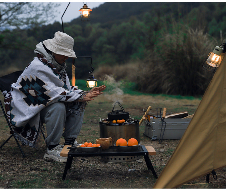 Outdoor Camping Folding Table Portable Solid Wood Egg Roll Iron Mesh Picnic Table and Chair Set Simple Anti-scald Mesh Table