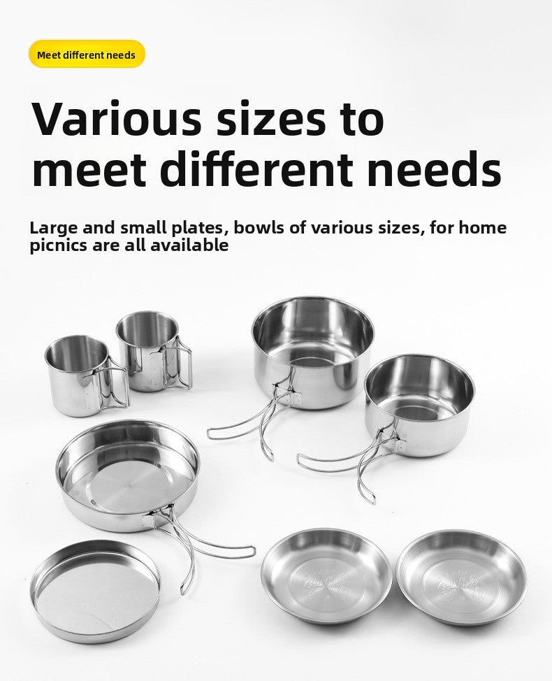 Outdoor 304 Stainless Steel 8-Piece Cookware Set for Camping Picnic BBQ Portable Tableware Folding Cup Bowl Plate Set Combination