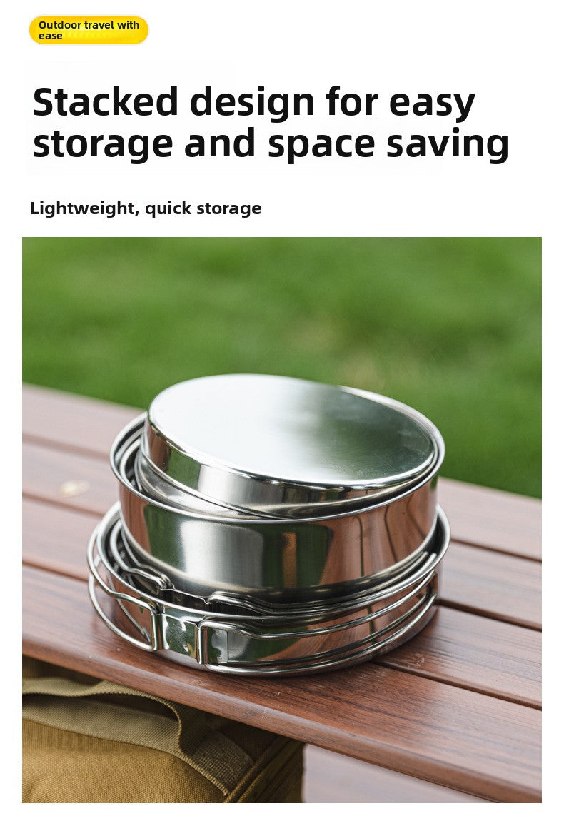 Outdoor 304 Stainless Steel 8-Piece Cookware Set for Camping Picnic BBQ Portable Tableware Folding Cup Bowl Plate Set Combination