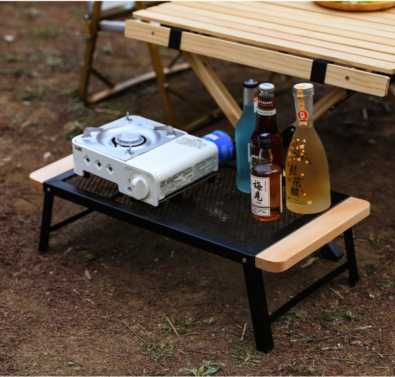 Outdoor Camping Folding Table Portable Solid Wood Egg Roll Iron Mesh Picnic Table and Chair Set Simple Anti-scald Mesh Table