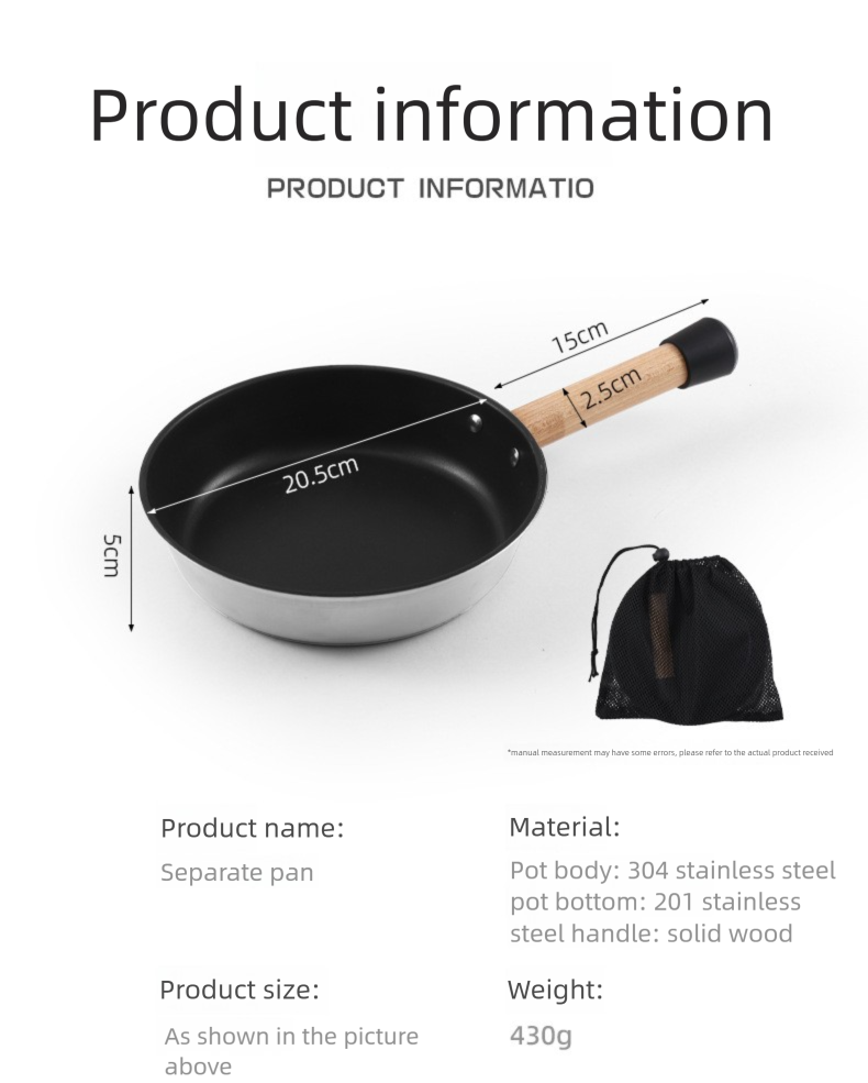 Outdoor 304 Stainless Steel Frying Pan Portable Detachable Handle Flat Pan Camping Picnic Small Cookware Non-stick Pan