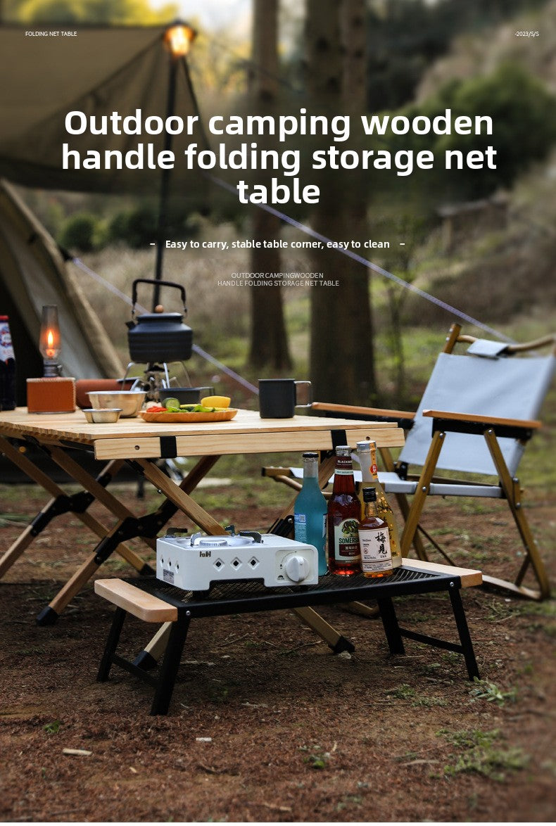 Outdoor Camping Folding Table Portable Solid Wood Egg Roll Iron Mesh Picnic Table and Chair Set Simple Anti-scald Mesh Table