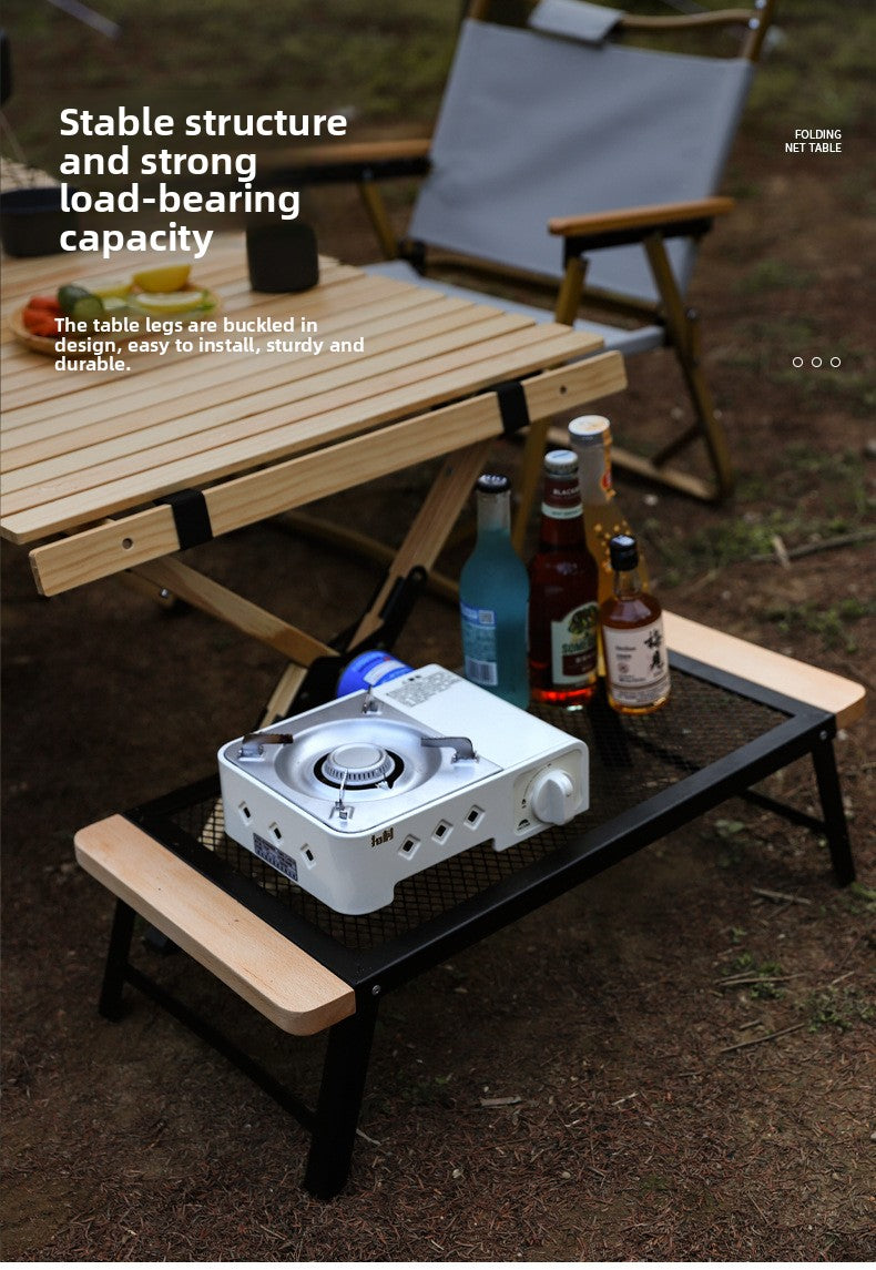 Outdoor Camping Folding Table Portable Solid Wood Egg Roll Iron Mesh Picnic Table and Chair Set Simple Anti-scald Mesh Table