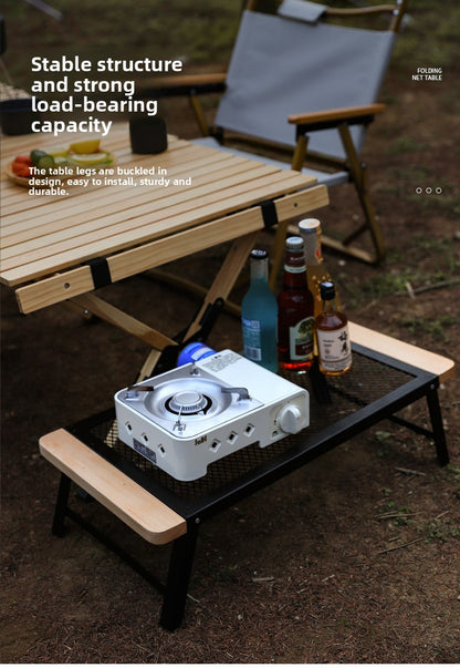 Outdoor Camping Folding Table Portable Solid Wood Egg Roll Iron Mesh Picnic Table and Chair Set Simple Anti-scald Mesh Table