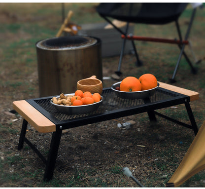 Outdoor Camping Folding Table Portable Solid Wood Egg Roll Iron Mesh Picnic Table and Chair Set Simple Anti-scald Mesh Table