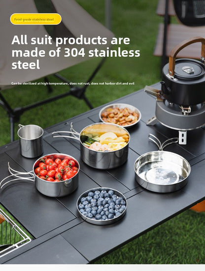 Outdoor 304 Stainless Steel 8-Piece Cookware Set for Camping Picnic BBQ Portable Tableware Folding Cup Bowl Plate Set Combination