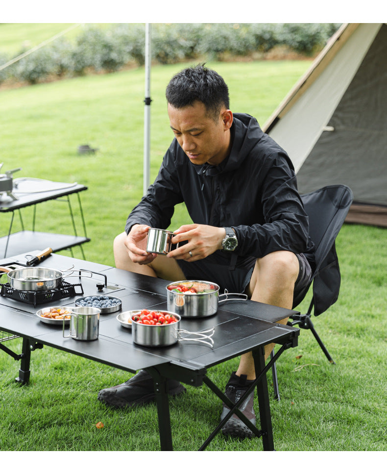 Outdoor 304 Stainless Steel 8-Piece Cookware Set for Camping Picnic BBQ Portable Tableware Folding Cup Bowl Plate Set Combination