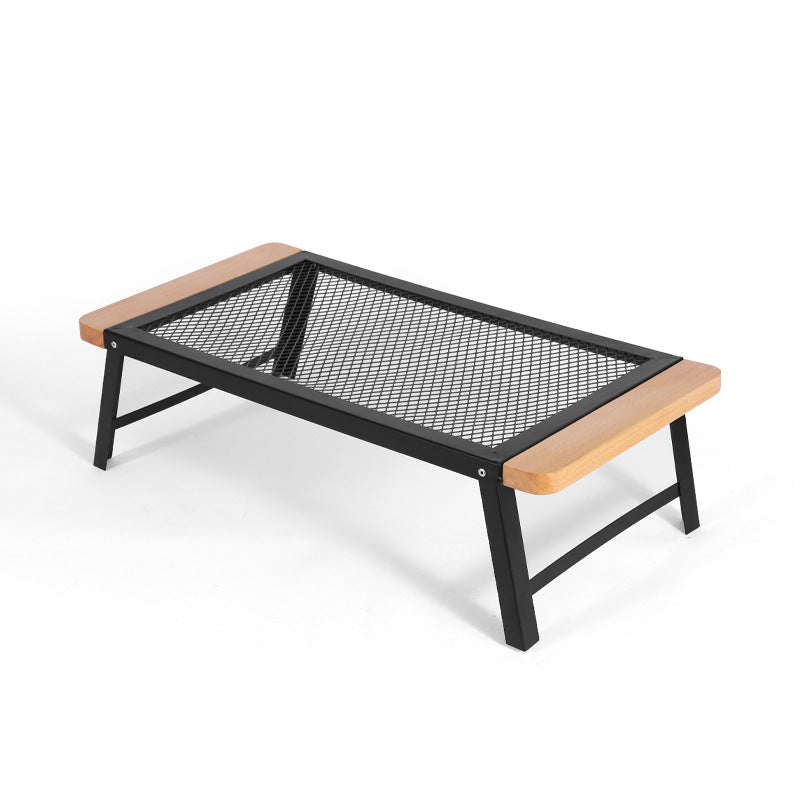 Outdoor Camping Folding Table Portable Solid Wood Egg Roll Iron Mesh Picnic Table and Chair Set Simple Anti-scald Mesh Table