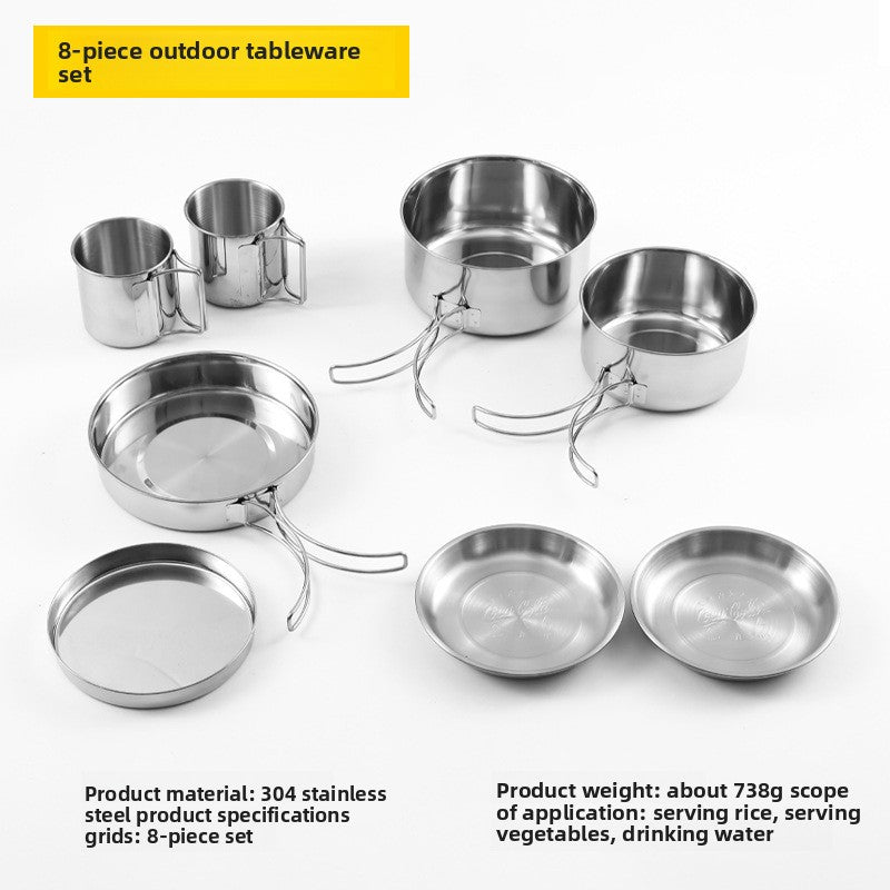 Outdoor 304 Stainless Steel 8-Piece Cookware Set for Camping Picnic BBQ Portable Tableware Folding Cup Bowl Plate Set Combination