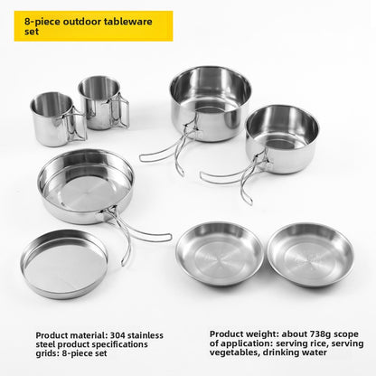 Outdoor 304 Stainless Steel 8-Piece Cookware Set for Camping Picnic BBQ Portable Tableware Folding Cup Bowl Plate Set Combination