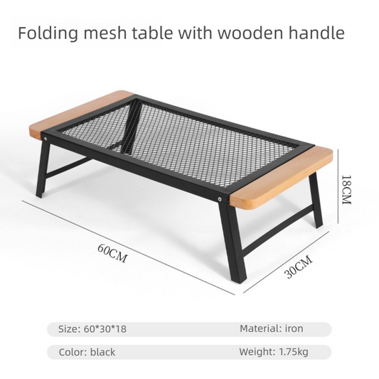 Outdoor Camping Folding Table Portable Solid Wood Egg Roll Iron Mesh Picnic Table and Chair Set Simple Anti-scald Mesh Table