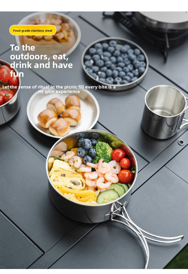 Outdoor 304 Stainless Steel 8-Piece Cookware Set for Camping Picnic BBQ Portable Tableware Folding Cup Bowl Plate Set Combination