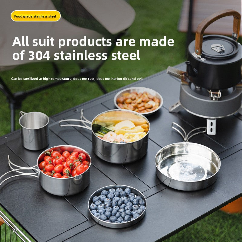 Outdoor 304 Stainless Steel 8-Piece Cookware Set for Camping Picnic BBQ Portable Tableware Folding Cup Bowl Plate Set Combination