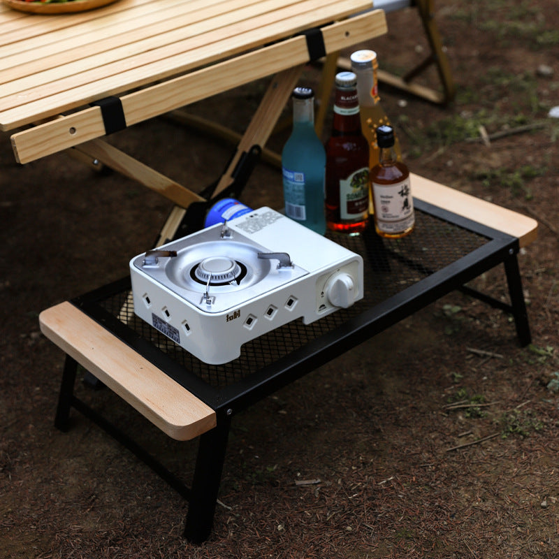 Outdoor Camping Folding Table Portable Solid Wood Egg Roll Iron Mesh Picnic Table and Chair Set Simple Anti-scald Mesh Table