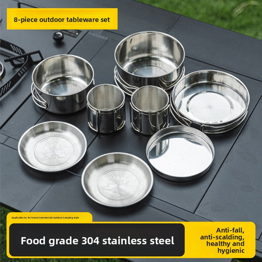 Outdoor 304 Stainless Steel 8-Piece Cookware Set for Camping Picnic BBQ Portable Tableware Folding Cup Bowl Plate Set Combination