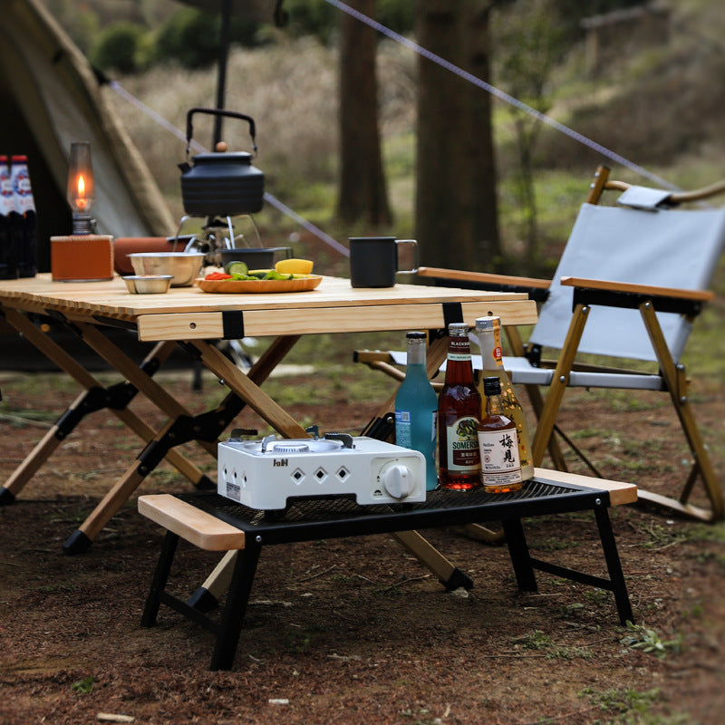 Outdoor Camping Folding Table Portable Solid Wood Egg Roll Iron Mesh Picnic Table and Chair Set Simple Anti-scald Mesh Table