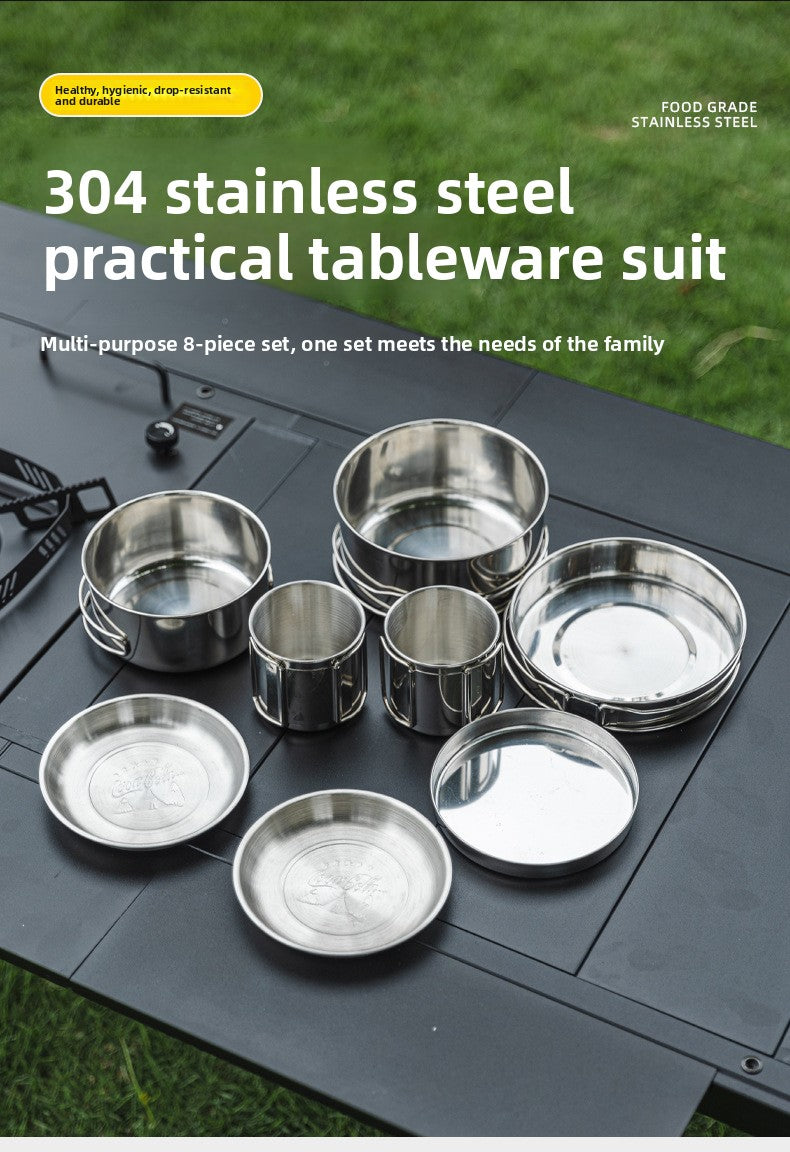 Outdoor 304 Stainless Steel 8-Piece Cookware Set for Camping Picnic BBQ Portable Tableware Folding Cup Bowl Plate Set Combination