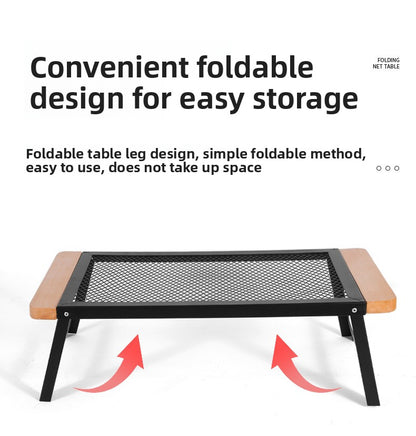 Outdoor Camping Folding Table Portable Solid Wood Egg Roll Iron Mesh Picnic Table and Chair Set Simple Anti-scald Mesh Table