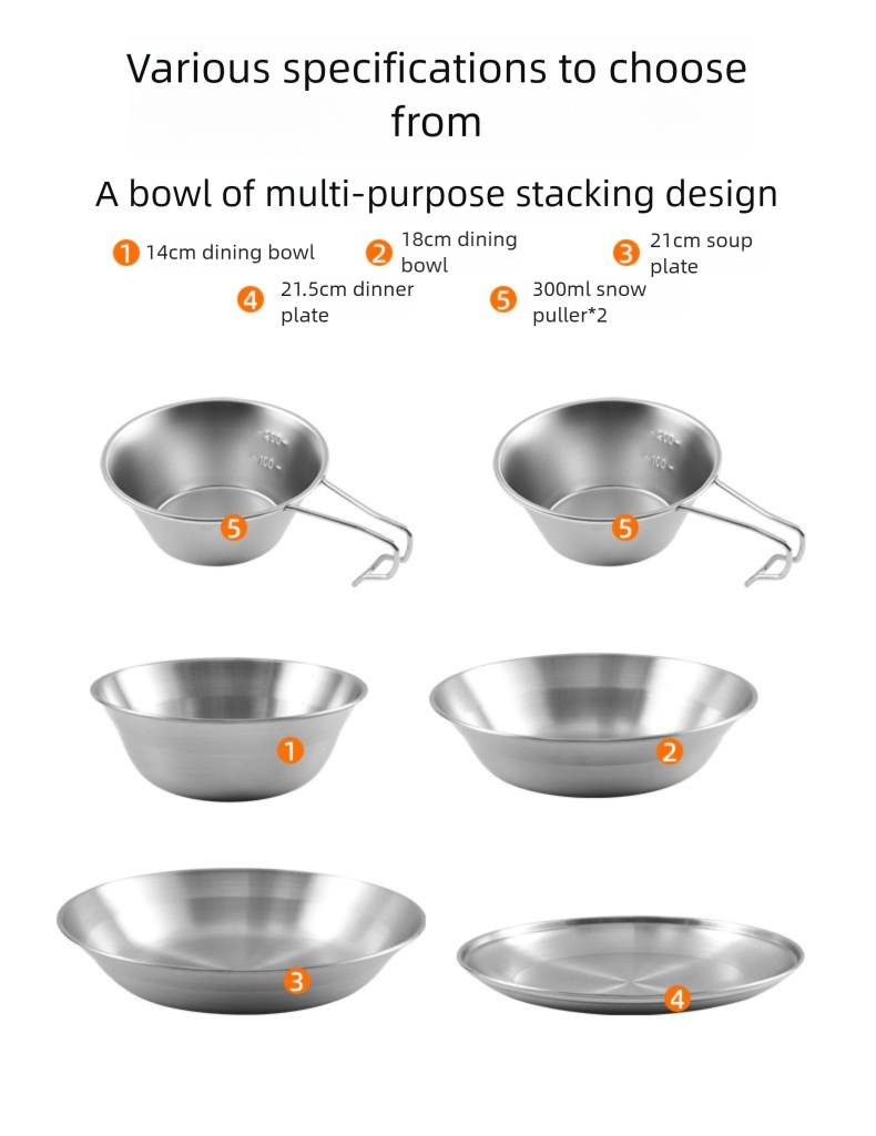Outdoor 304 Stainless Steel Dinner Plate Set Portable Dinner Bowl Plate Six-piece Set Camping Picnic Fruit Plate Barbecue Plate