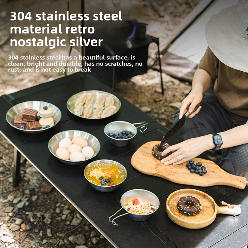 Outdoor 304 Stainless Steel Dinner Plate Set Portable Dinner Bowl Plate Six-piece Set Camping Picnic Fruit Plate Barbecue Plate