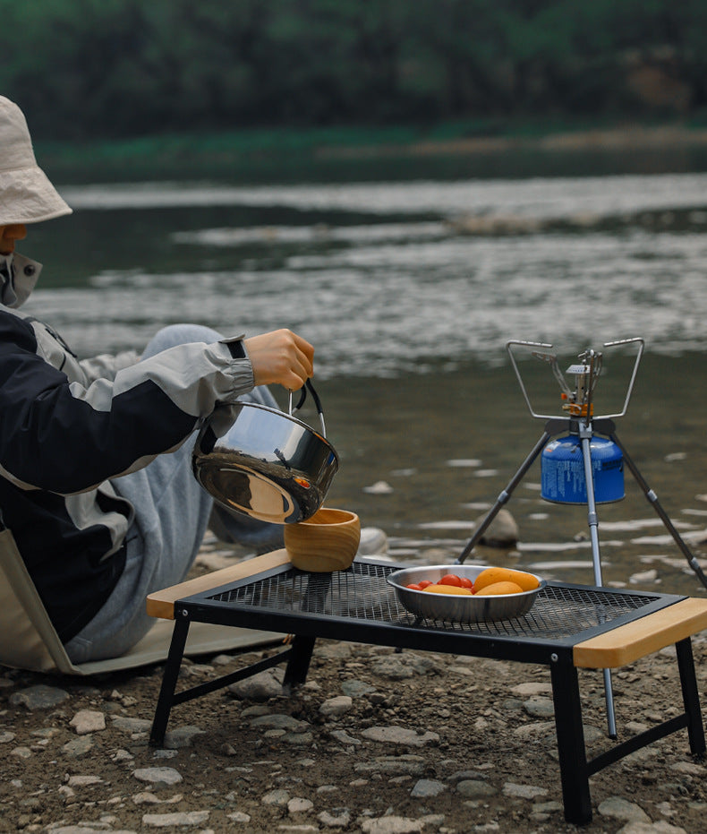 Outdoor Camping Folding Table Portable Solid Wood Egg Roll Iron Mesh Picnic Table and Chair Set Simple Anti-scald Mesh Table