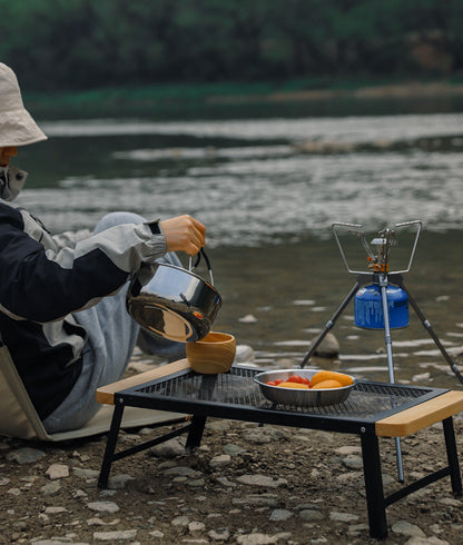 Outdoor Camping Folding Table Portable Solid Wood Egg Roll Iron Mesh Picnic Table and Chair Set Simple Anti-scald Mesh Table