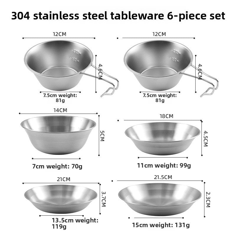 Outdoor 304 Stainless Steel Dinner Plate Set Portable Dinner Bowl Plate Six-piece Set Camping Picnic Fruit Plate Barbecue Plate