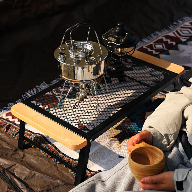Outdoor Camping Folding Table Portable Solid Wood Egg Roll Iron Mesh Picnic Table and Chair Set Simple Anti-scald Mesh Table