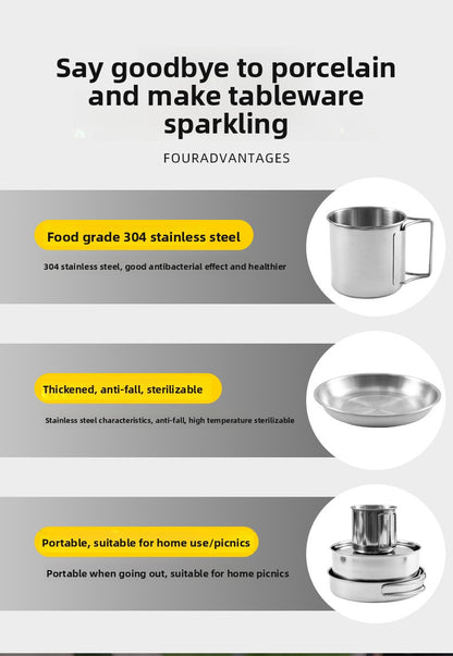 Outdoor 304 Stainless Steel 8-Piece Cookware Set for Camping Picnic BBQ Portable Tableware Folding Cup Bowl Plate Set Combination
