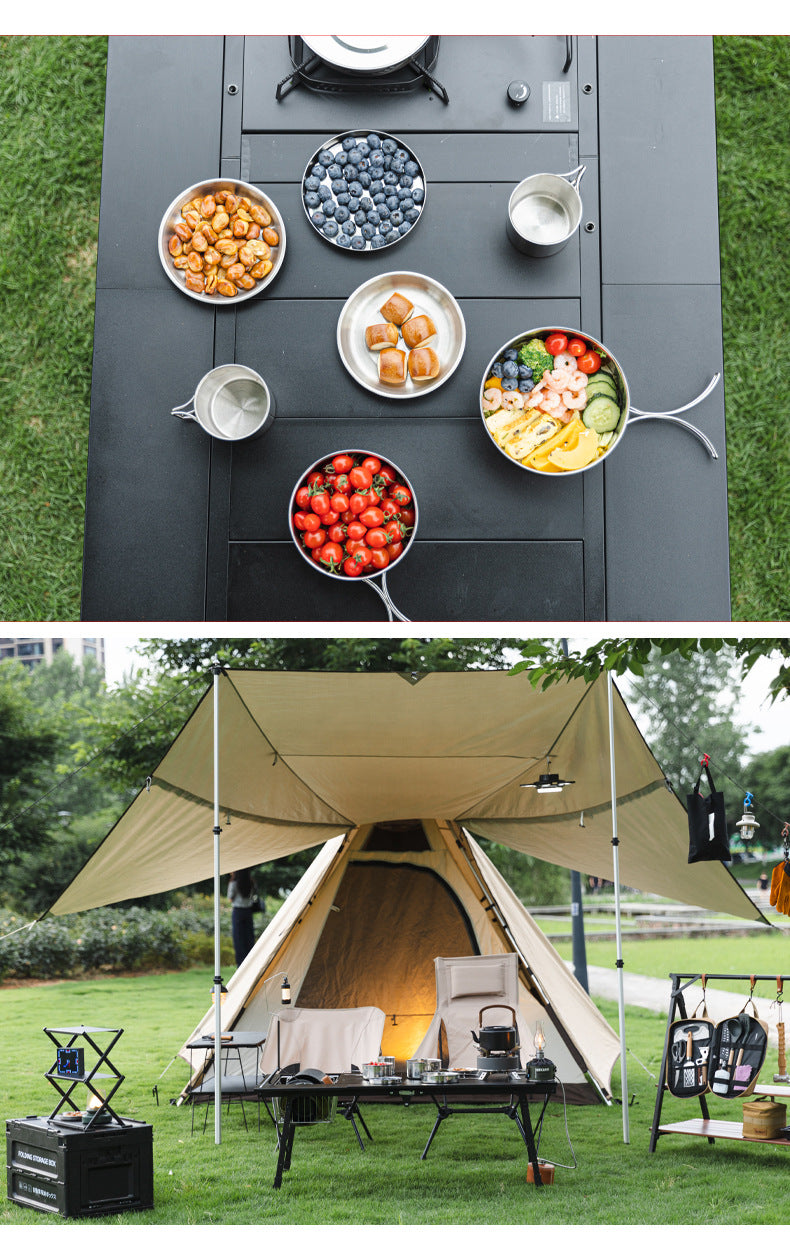 Outdoor 304 Stainless Steel 8-Piece Cookware Set for Camping Picnic BBQ Portable Tableware Folding Cup Bowl Plate Set Combination