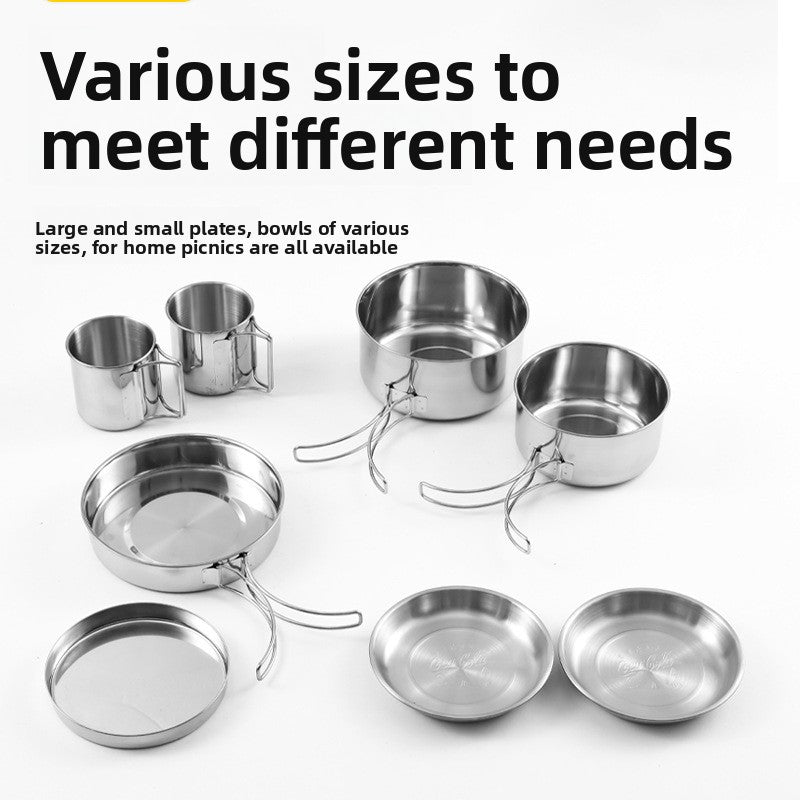 Outdoor 304 Stainless Steel 8-Piece Cookware Set for Camping Picnic BBQ Portable Tableware Folding Cup Bowl Plate Set Combination