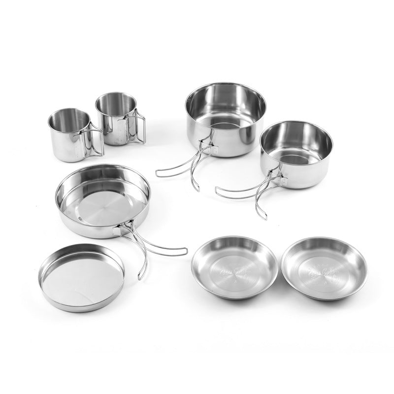 Outdoor 304 Stainless Steel 8-Piece Cookware Set for Camping Picnic BBQ Portable Tableware Folding Cup Bowl Plate Set Combination