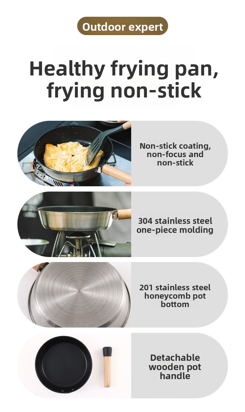 Outdoor 304 Stainless Steel Frying Pan Portable Detachable Handle Flat Pan Camping Picnic Small Cookware Non-stick Pan