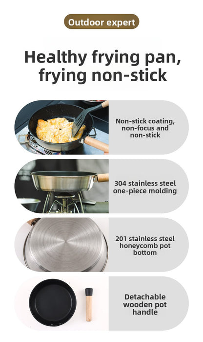 Outdoor 304 Stainless Steel Frying Pan Portable Detachable Handle Flat Pan Camping Picnic Small Cookware Non-stick Pan