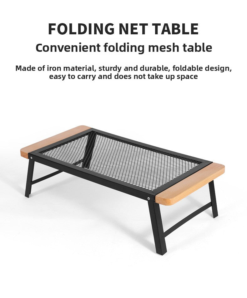Outdoor Camping Folding Table Portable Solid Wood Egg Roll Iron Mesh Picnic Table and Chair Set Simple Anti-scald Mesh Table